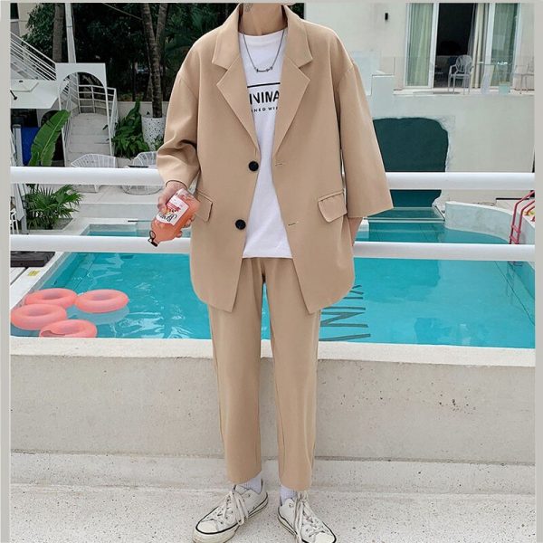 Men's Suit 2021 Fashion 3/4 Sleeves Jacket Pant Sets - Image 2