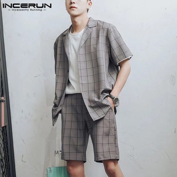 Plaid Sets Breathable Streetwear Lapel Short Sleeve Shirt Elastic Waist Shorts Casual Men's Suits 2 Pieces - Image 2