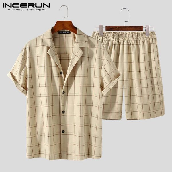 Plaid Sets Breathable Streetwear Lapel Short Sleeve Shirt Elastic Waist Shorts Casual Men's Suits 2 Pieces - Image 3