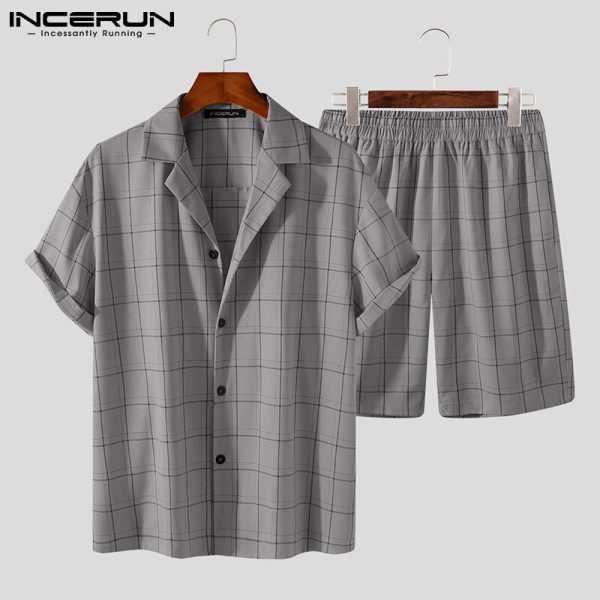 Plaid Sets Breathable Streetwear Lapel Short Sleeve Shirt Elastic Waist Shorts Casual Men's Suits 2 Pieces - Image 4