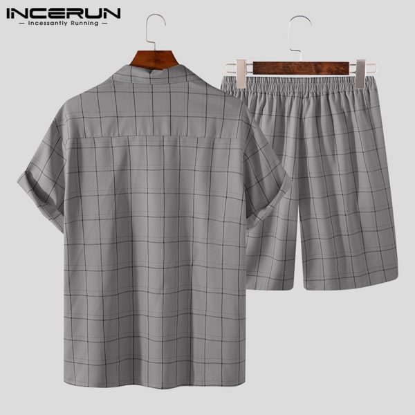 Plaid Sets Breathable Streetwear Lapel Short Sleeve Shirt Elastic Waist Shorts Casual Men's Suits 2 Pieces - Image 5