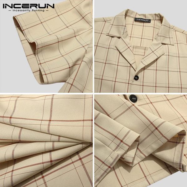 Plaid Sets Breathable Streetwear Lapel Short Sleeve Shirt Elastic Waist Shorts Casual Men's Suits 2 Pieces - Image 6