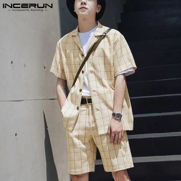 Plaid Sets Breathable Streetwear Lapel Short Sleeve Shirt Elastic Waist Shorts Casual Men's Suits 2 Pieces