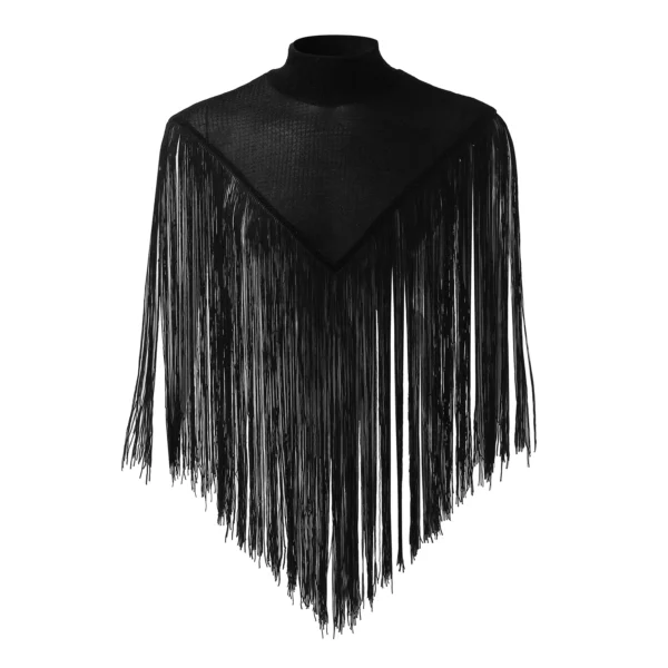 Elegant Black Tassel Poncho - Chic High Neck Shawl with Fringe Cape Style - Image 2