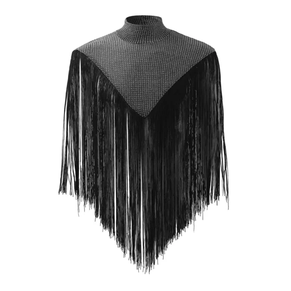 Elegant Black Tassel Poncho - Chic High Neck Shawl with Fringe Cape Style