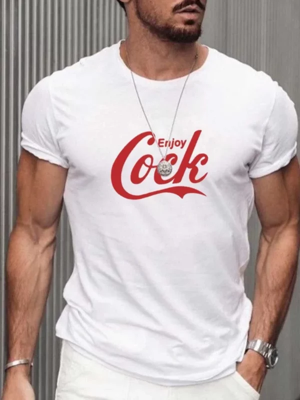 2023 Men's Casual Bold 3D Enjoy Cock Graphic Tee Heather Grey Crew Neck Short Sleeve Shirt - Image 2