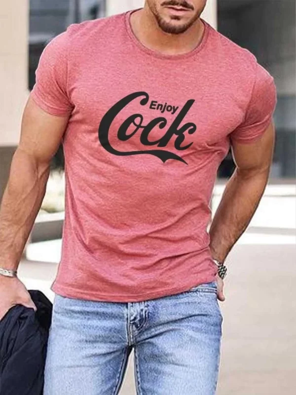 2023 Men's Casual Bold 3D Enjoy Cock Graphic Tee Heather Grey Crew Neck Short Sleeve Shirt - Image 3