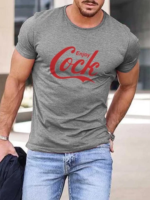 2023 Men's Casual Bold 3D Enjoy Cock Graphic Tee Heather Grey Crew Neck Short Sleeve Shirt