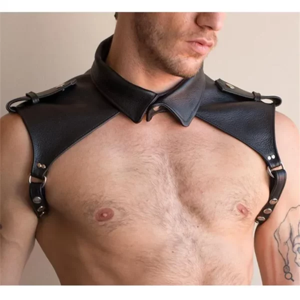 Men's Adjustable Leather Shoulder Harness with Metal Accents - Bold Chest Accessory