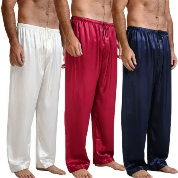 Men's Luxury Satin Sleepwear Pants Trio Pack - Comfortable Elastic Waist Pajama Bottoms in White, Red, Navy Blue