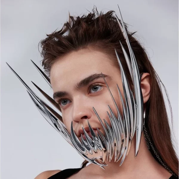 Silver Spike Hollow Mask Earring Unisex Jewelry - Image 3