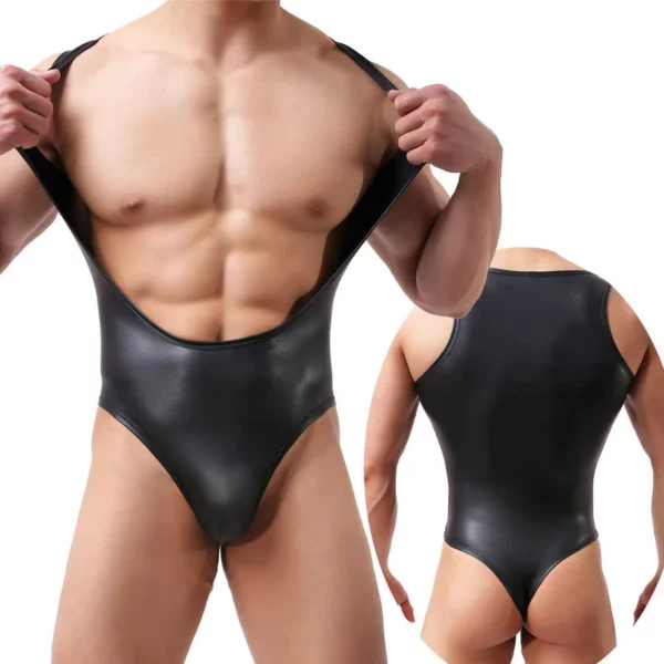 Men's Faux Leather Bodysuit: Bold & Sleek, with Harness & Jockstrap Support - Image 2