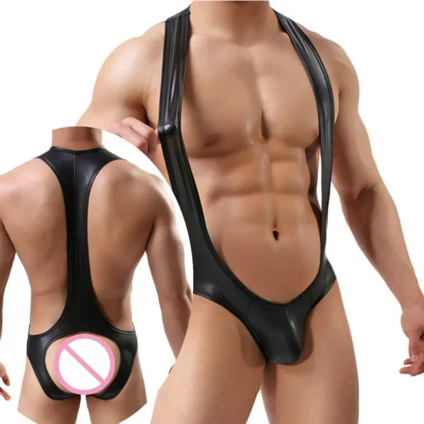 Men's Faux Leather Bodysuit: Bold & Sleek, with Harness & Jockstrap Support - Image 3