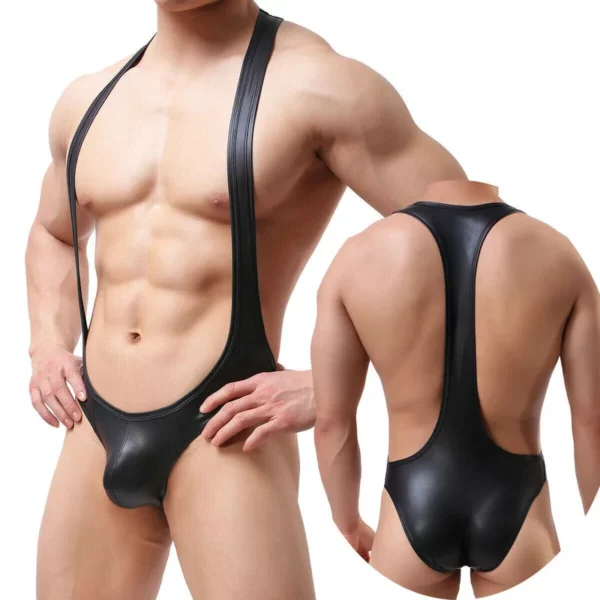 Men's Faux Leather Bodysuit: Bold & Sleek, with Harness & Jockstrap Support - Image 4