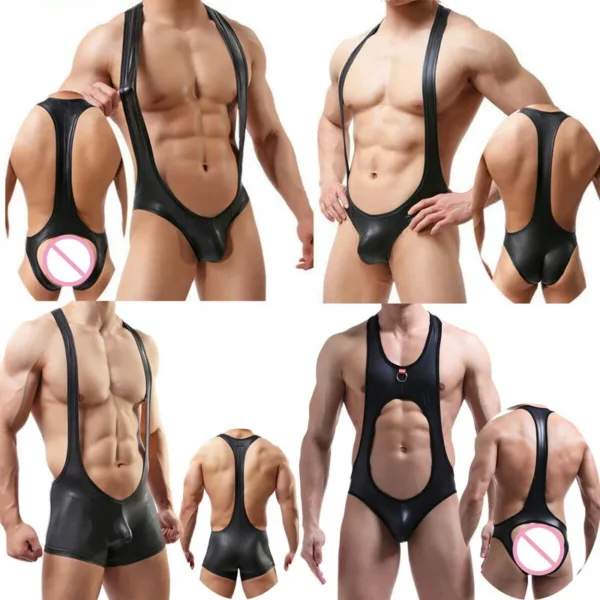 Men's Faux Leather Bodysuit: Bold & Sleek, with Harness & Jockstrap Support