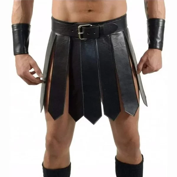 Men's Gladiator Warrior Leather Kilt Costume with Studded Detailing, Adjustable Belt, Buckle Closure, Pleats, and Cuff Bracers – Renaissance Roman Halloween & Carnival Cosplay Outfit