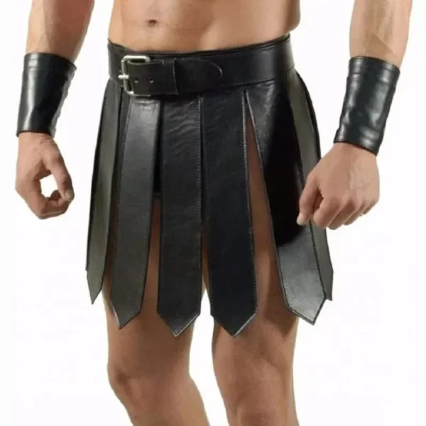 Men's Gladiator Warrior Leather Kilt Costume with Studded Detailing, Adjustable Belt, Buckle Closure, Pleats, and Cuff Bracers – Renaissance Roman Halloween & Carnival Cosplay Outfit - Image 2