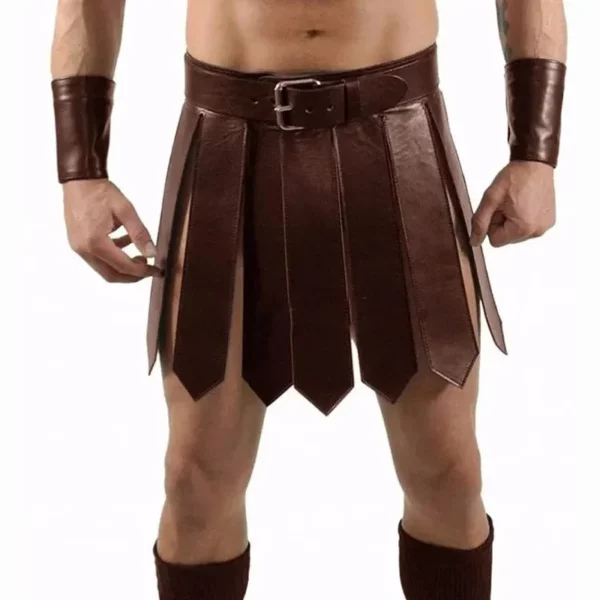 Men's Gladiator Warrior Leather Kilt Costume with Studded Detailing, Adjustable Belt, Buckle Closure, Pleats, and Cuff Bracers – Renaissance Roman Halloween & Carnival Cosplay Outfit - Image 3