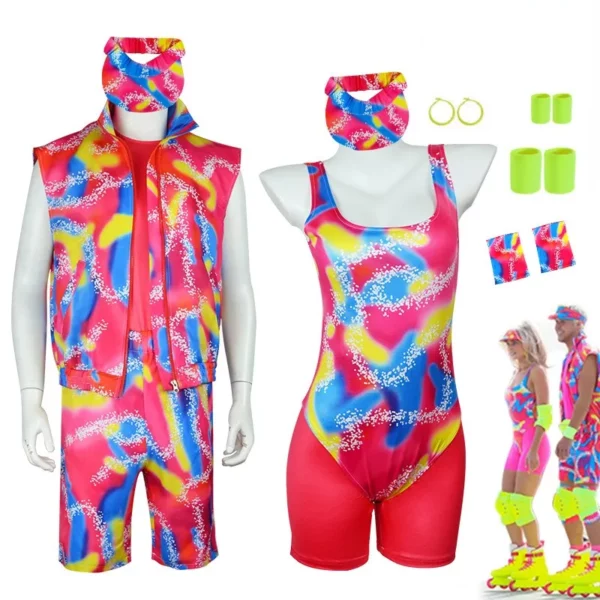 Vibrant Neon Unisex Festival Dance Outfit with Retro-Inspired Fitness Bodysuit and Matching Accessories Set