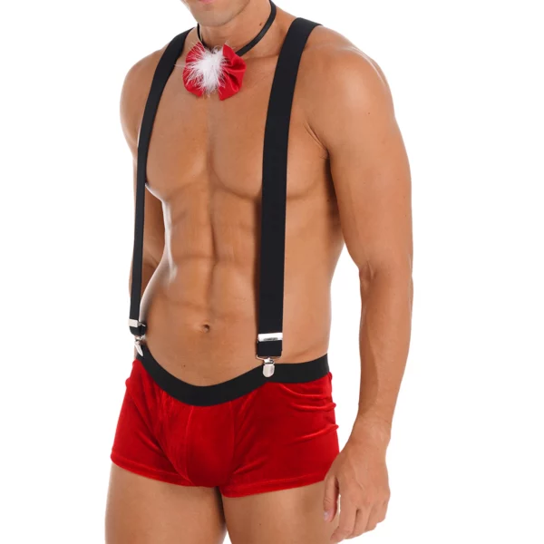 Men's Festive Red Velvet Tuxedo Boxer Briefs with Suspenders & Bow Tie Set - Image 2