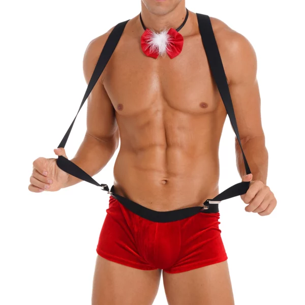 Men's Festive Red Velvet Tuxedo Boxer Briefs with Suspenders & Bow Tie Set