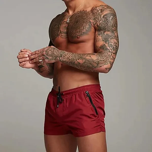 Men's Red Swim Shorts with Zipper Pockets & Mesh Lining - Quick-Dry Beachwear