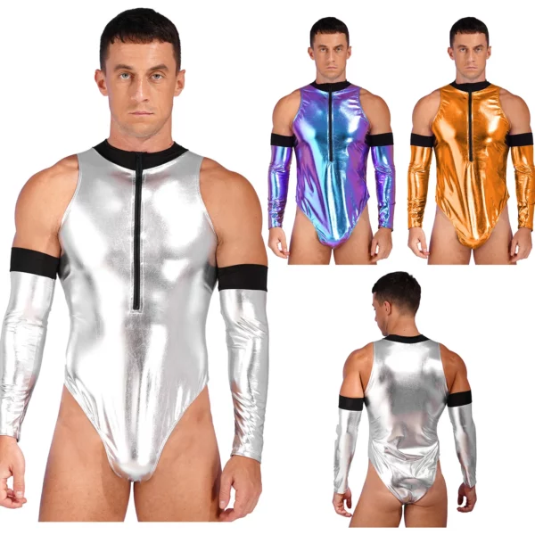 Men's Silver Sleeveless Astronaut Bodysuit with Zipper Details for Space Warrior Cosplay Party - Image 2