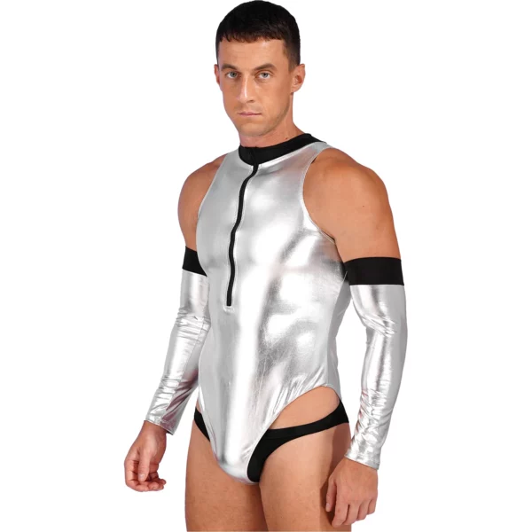 Men's Silver Sleeveless Astronaut Bodysuit with Zipper Details for Space Warrior Cosplay Party - Image 3