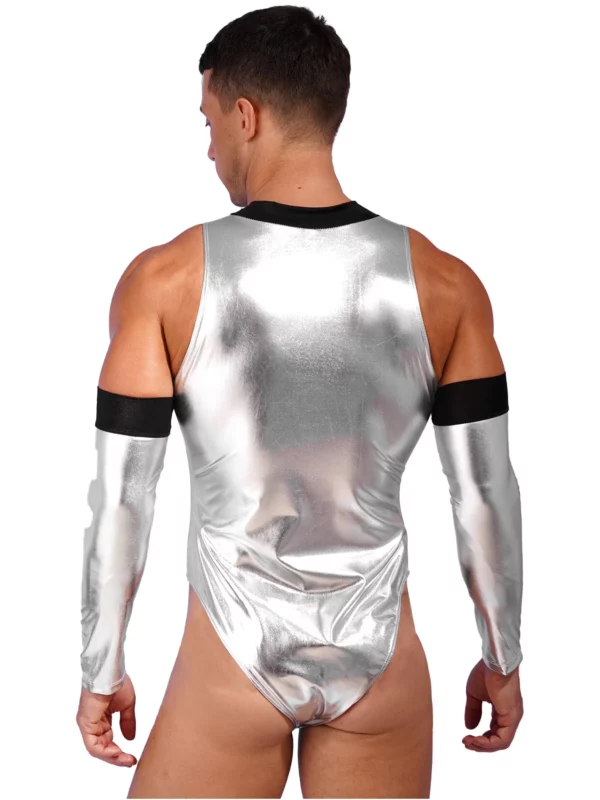 Men's Silver Sleeveless Astronaut Bodysuit with Zipper Details for Space Warrior Cosplay Party - Image 4