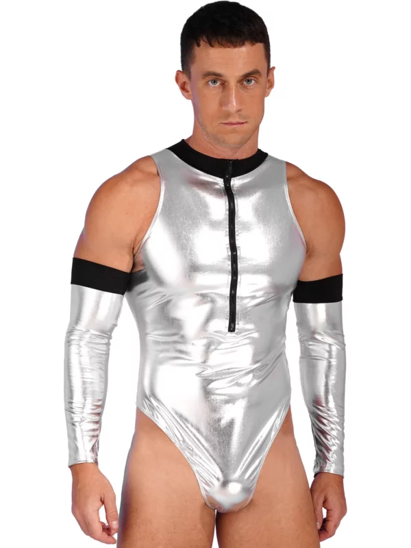 Men's Silver Sleeveless Astronaut Bodysuit with Zipper Details for Space Warrior Cosplay Party