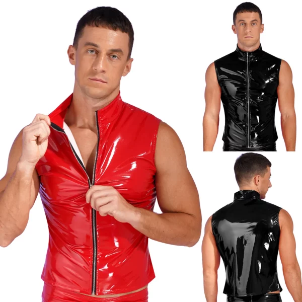 Men's Red Shiny PVC Sleeveless Zippered Vest with Stand Collar for Clubwear - Image 2