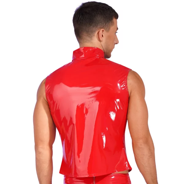 Men's Red Shiny PVC Sleeveless Zippered Vest with Stand Collar for Clubwear - Image 4