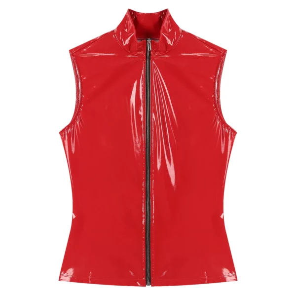 Men's Red Shiny PVC Sleeveless Zippered Vest with Stand Collar for Clubwear - Image 5