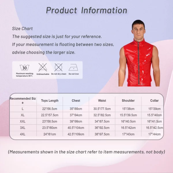 Men's Red Shiny PVC Sleeveless Zippered Vest with Stand Collar for Clubwear - Image 6