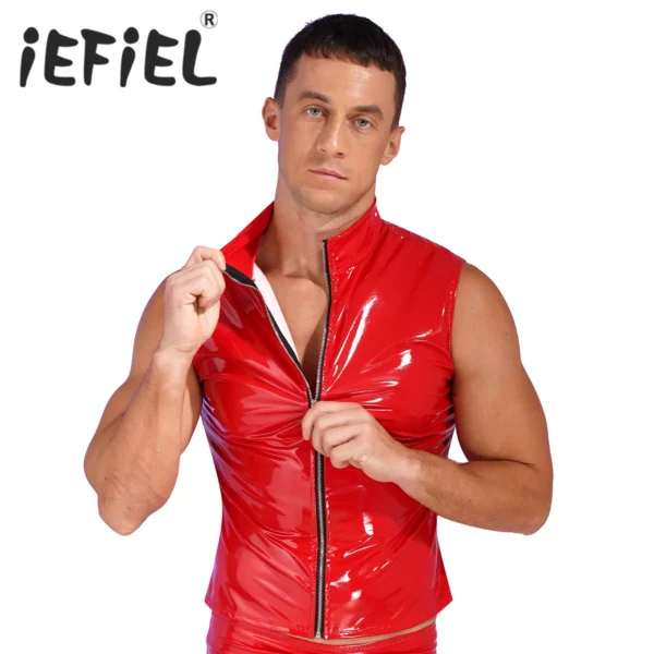 Men's Red Shiny PVC Sleeveless Zippered Vest with Stand Collar for Clubwear