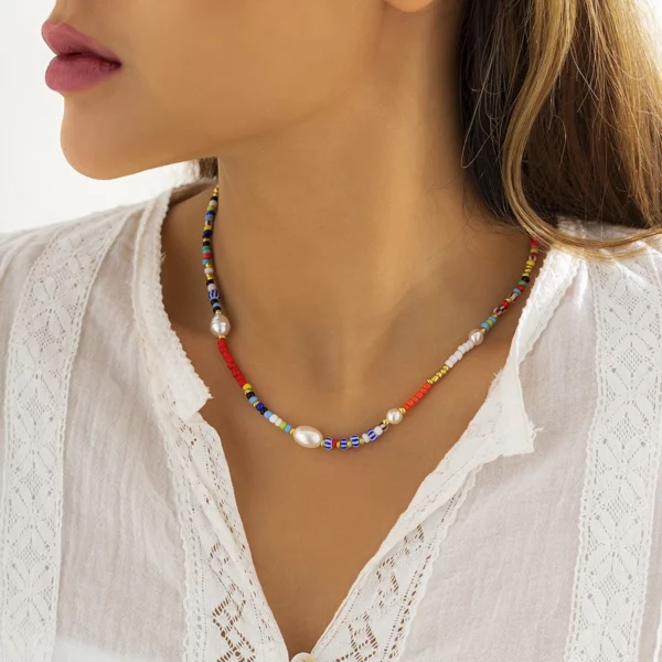 Boho Chic Beaded Choker with Freshwater Pearls - Multicolor Bohemian Necklace - Image 2