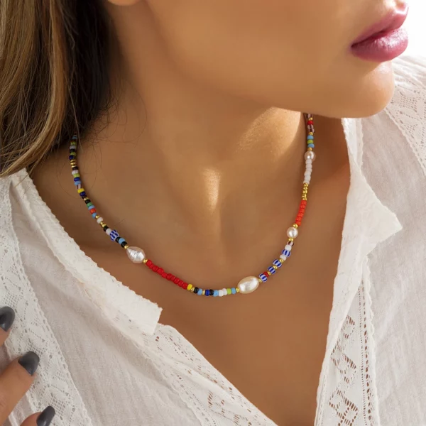 Boho Chic Beaded Choker with Freshwater Pearls - Multicolor Bohemian Necklace - Image 3