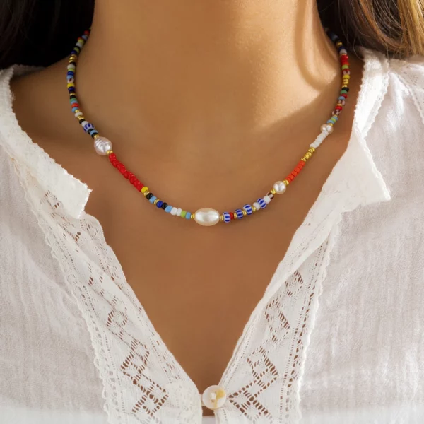 Boho Chic Beaded Choker with Freshwater Pearls - Multicolor Bohemian Necklace