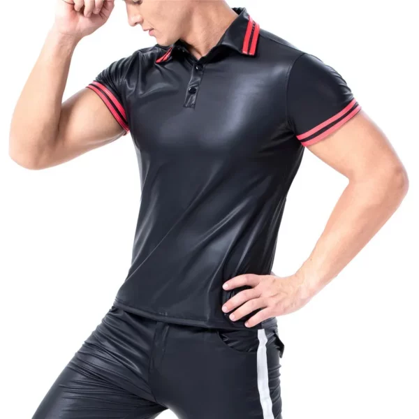 Men's Athletic-Fit Black Polo Shirt with Red Striped Trim & Zip Detail Plus Size - Image 4