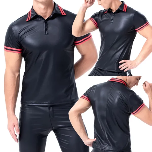 Men's Athletic-Fit Black Polo Shirt with Red Striped Trim & Zip Detail Plus Size