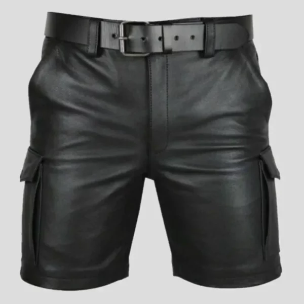 Men's Classic Black PU Faux Leather Cargo Shorts with Pockets and Belt - Summer Streetwear Trend Nightclub Casual Fashion Medieval Punk Costume - 5XL