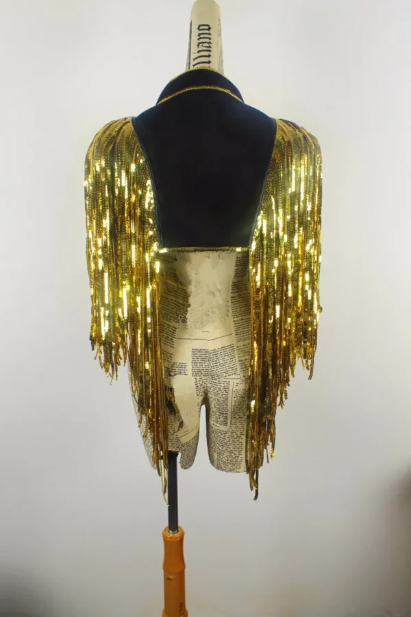 Glamorous Golden Sequin Tassel Jacket with Contrast Lapel Trim - Image 2