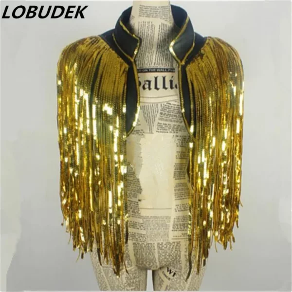 Glamorous Golden Sequin Tassel Jacket with Contrast Lapel Trim