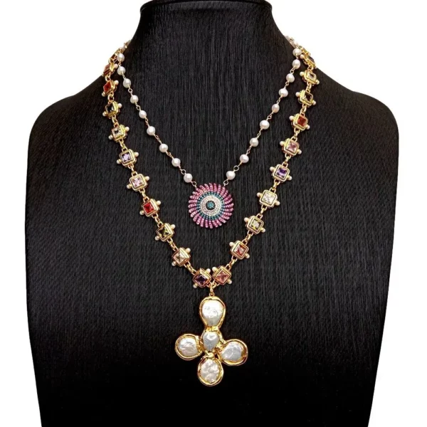 Majestic Gemstone and Pearl Embellished Gold-Plated Necklace Set - Image 2