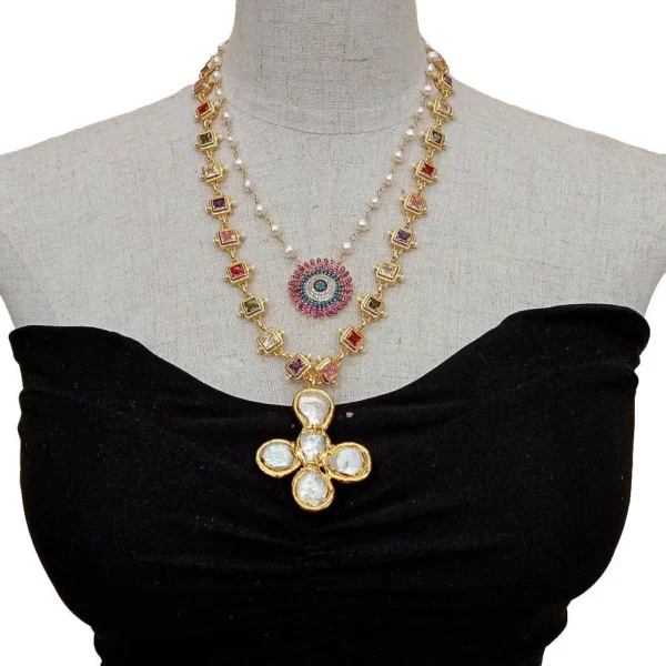 Majestic Gemstone and Pearl Embellished Gold-Plated Necklace Set - Image 3