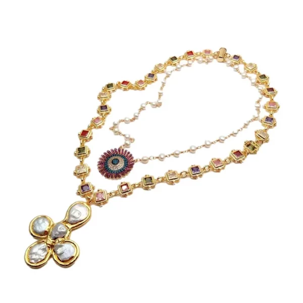 Majestic Gemstone and Pearl Embellished Gold-Plated Necklace Set - Image 4