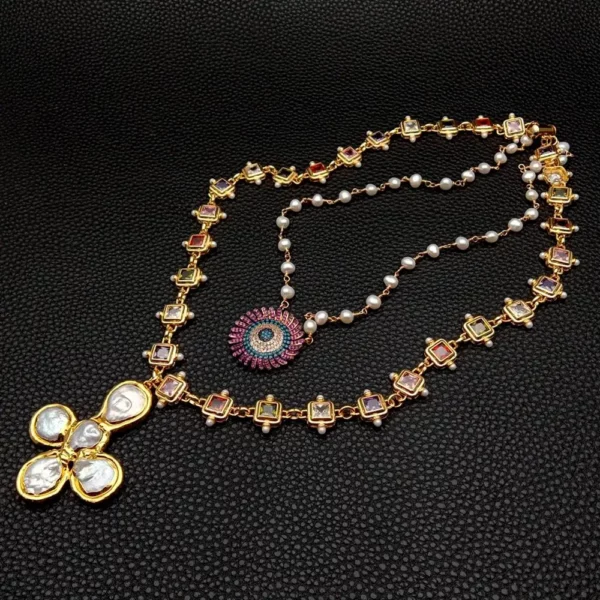 Majestic Gemstone and Pearl Embellished Gold-Plated Necklace Set - Image 6