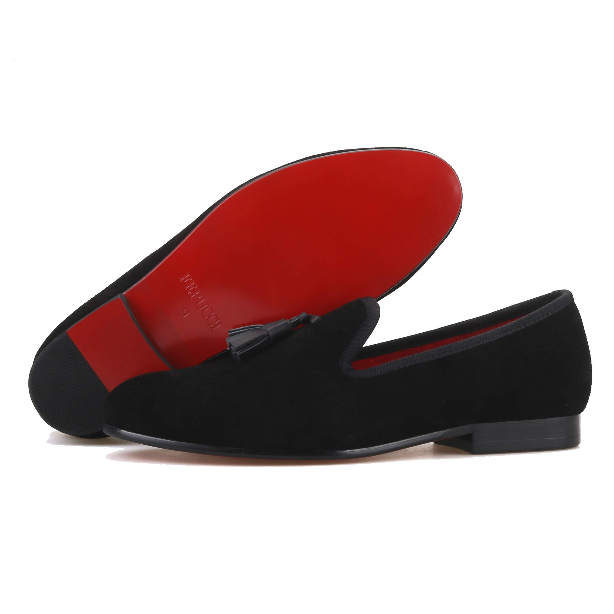 Black Suede Tassel Loafers with Red Sole