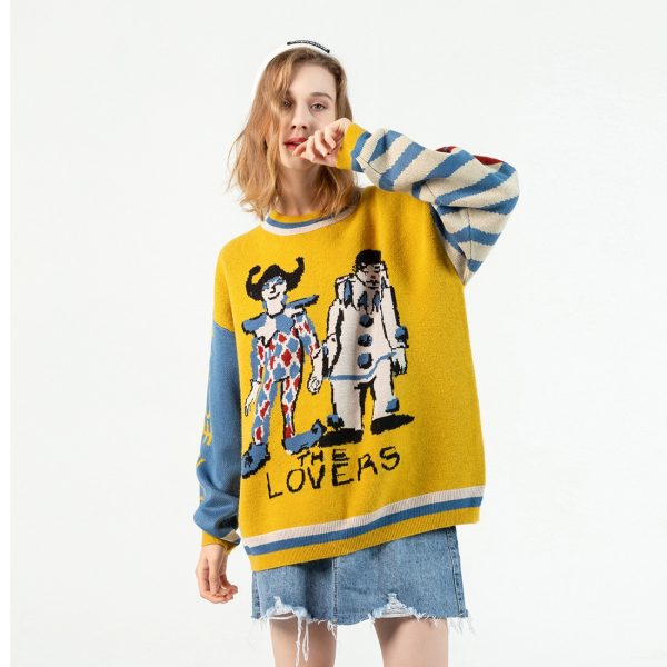 Clown Embroidery Harajuku Sweater Retro Style Knitted Sweater Autumn Cotton Pullover - Image 3