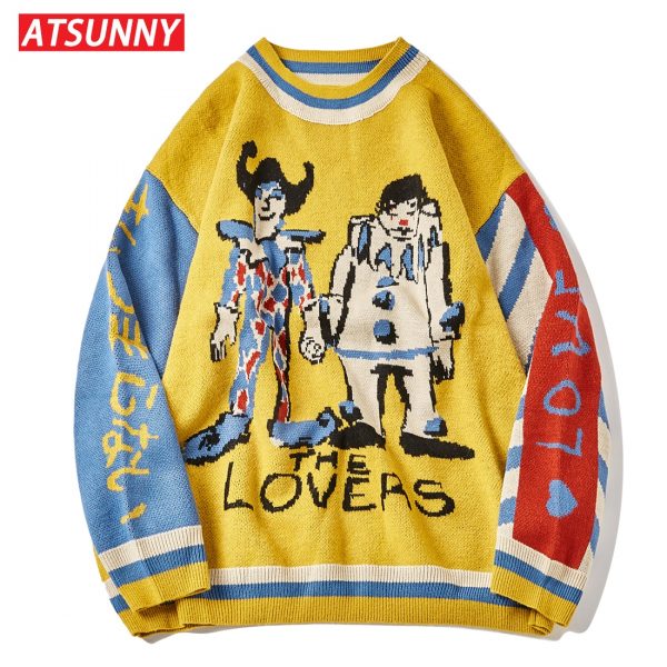 Clown Embroidery Harajuku Sweater Retro Style Knitted Sweater Autumn Cotton Pullover